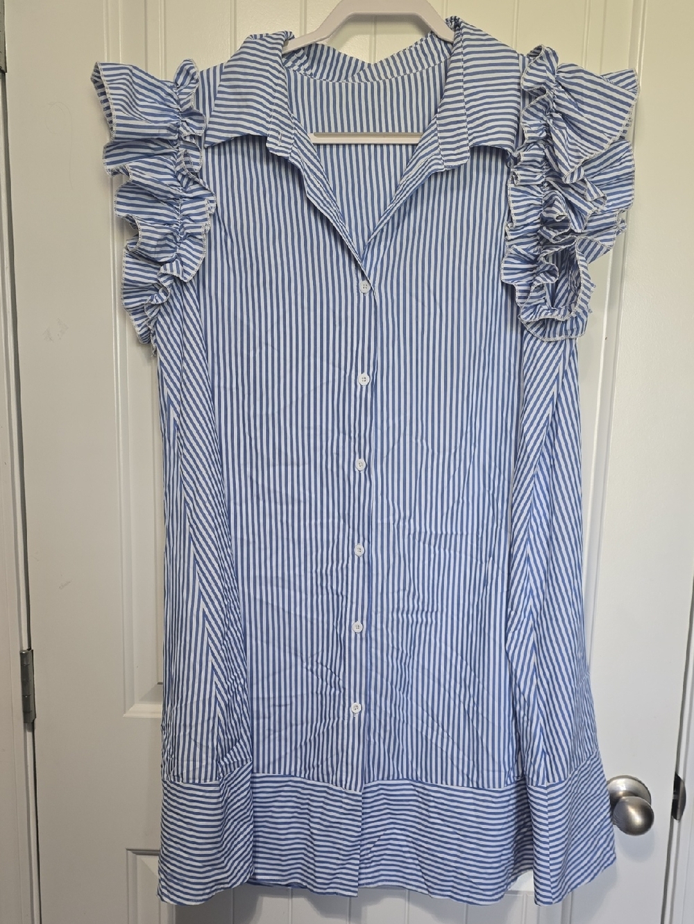 SHEIN Blue & White Striped Ruffle Sleeve Mini Dress